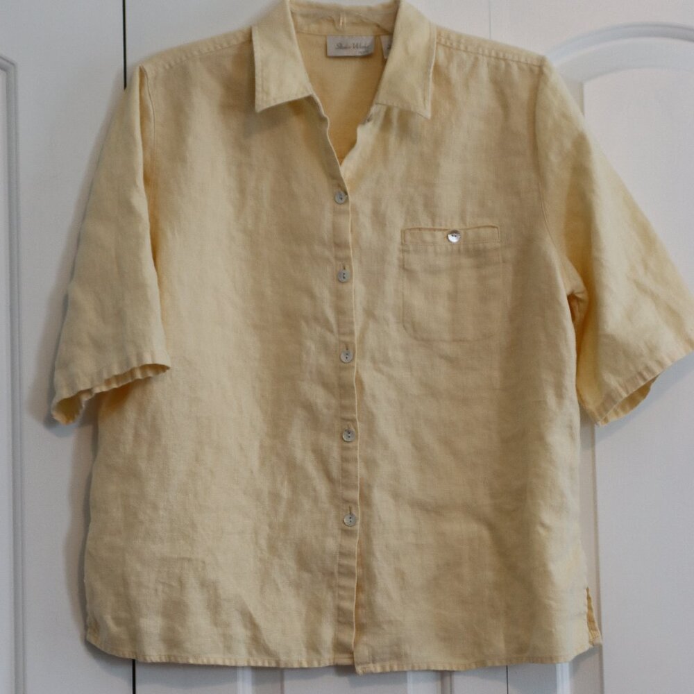 Studio Works Petite Soft Yellow Short Sleeve Linen Button Down Size Petite Large